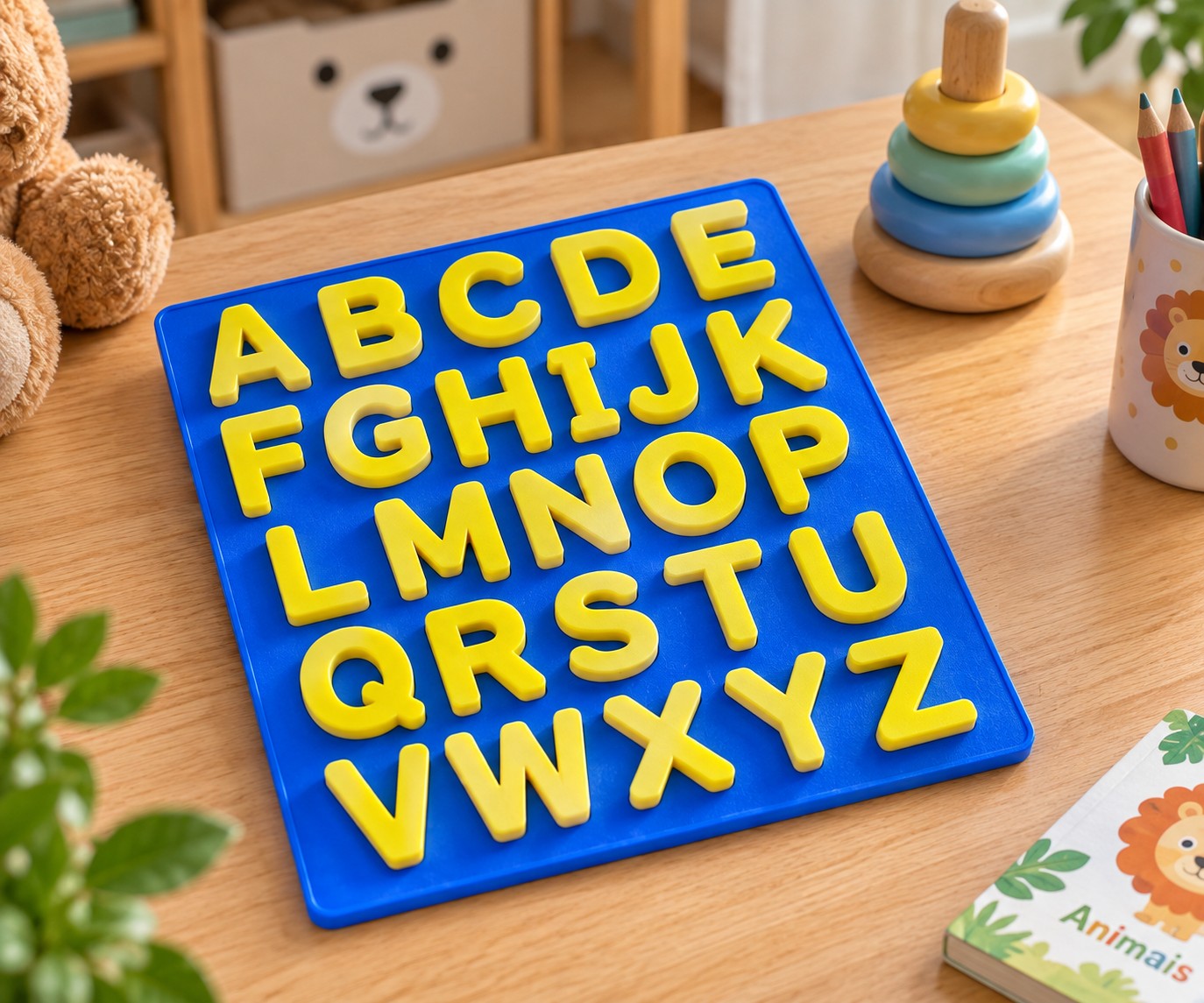 Tabuleiro do alfabeto com letras amarelas sobre base azul